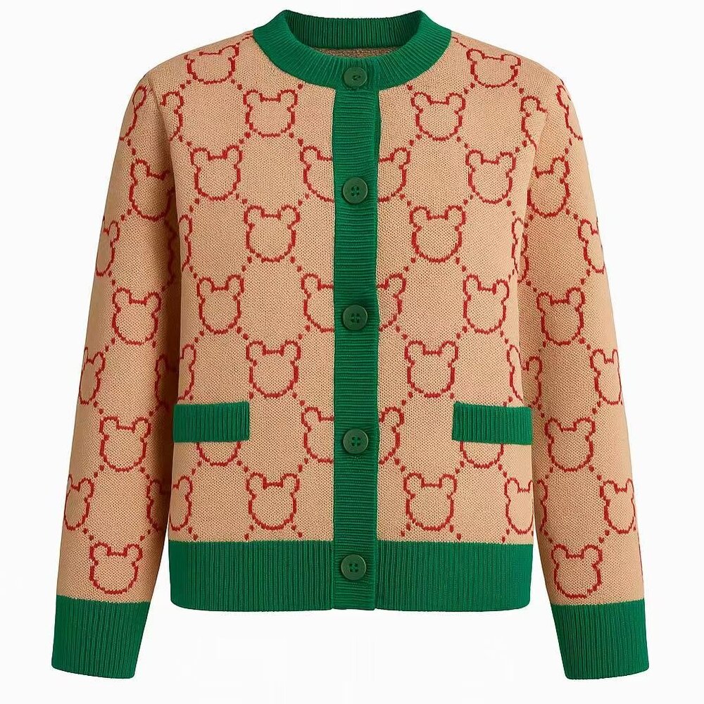 Beige Knit Cardigan with Bear Motif & Green Trim